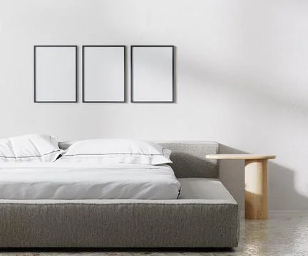 Poster frames mock up in bedroom interior, minimalist style, white wall, 3d r Stock Illustration