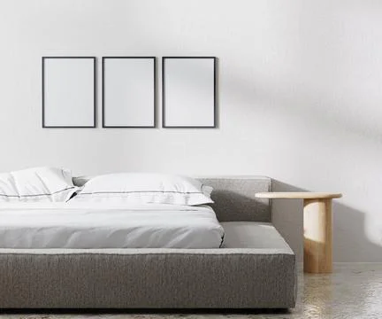 Poster frames mock up in bedroom interior, minimalist style, white wall, 3... Stock Photos