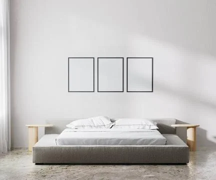 Poster frames mock up in bedroom interior, scandinavian style, 3d render p... Stock-Fotos