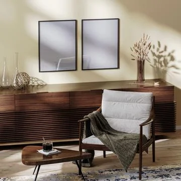 Poster frames mock up in living room interior, cozy armchair with coffee tabl Stock Illustration