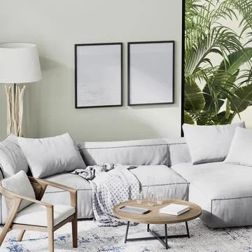 Poster frames mock up luxury living room interior with gray sofa with tropica イラスト素材