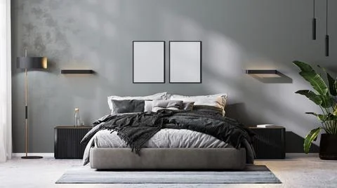 Poster frames mock up in modern bedroom interior in gray tones, 3d rendering Illustrazione stock
