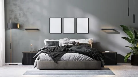 Poster frames mock up in modern bedroom interior in gray tones, 3d rendering Illustrazione stock