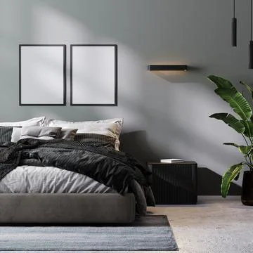 Poster frames mock up in modern bedroom interior in gray tones, 3d rendering Illustrazione stock