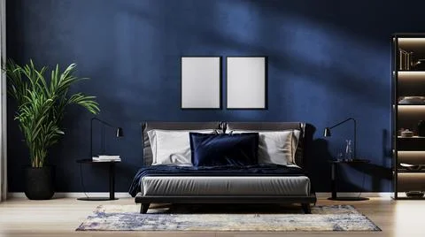 Poster frames mock up in modern bedroom interior background with empty dark b Stock Illustration