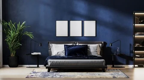 Poster frames mock up in modern bedroom interior background with empty dark b Illustrazione stock