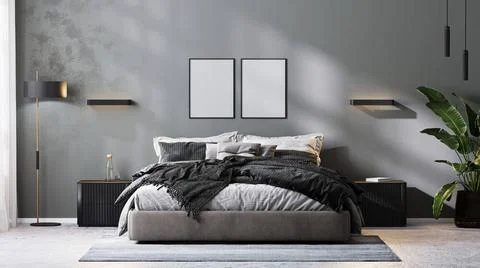 Poster frames mock up in modern bedroom interior in gray tones, 3d renderi... Stock Photos
