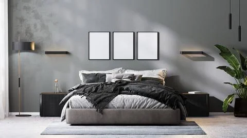 Poster frames mock up in modern bedroom interior in gray tones, 3d renderi... 스톡 사진