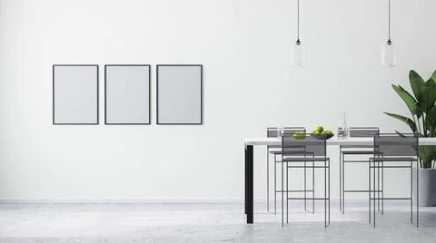 Poster frames mock up in modern bright white room interior with contempora... Stock Photos