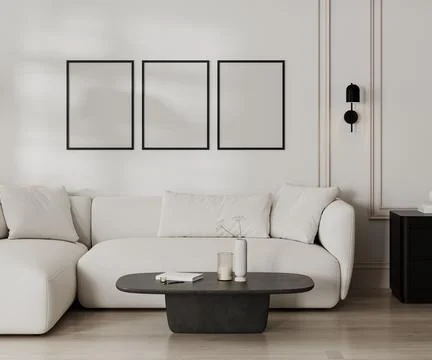 Poster frames mock up in modern living room with white sofa and wall with mol 스톡 일러스트