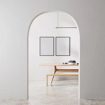 Poster frames mock up in modern room interior in white color with arch, wo... Foto stock