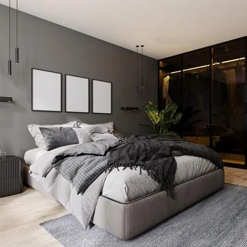 Poster frames mockup in modern bedroom interior with gray wall and bed and gl Illustrazione stock