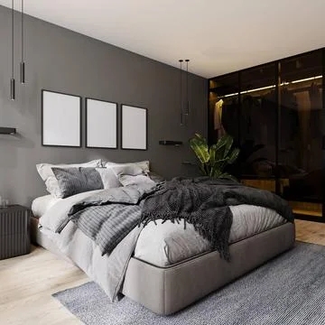 Poster frames mockup in modern bedroom interior with gray wall and bed and... Foto stock