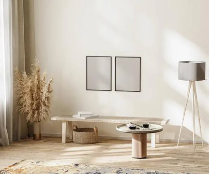 Poster frames mockup in scandinavian minimalist room interior in neutral c... Stock Photos