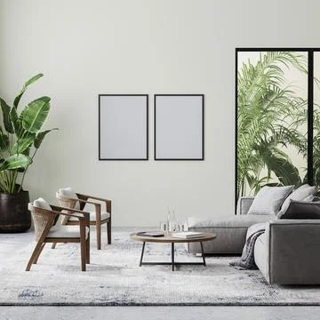 Poster frames in modern living room interior with beige wall, gray and wooden Stock Illustration