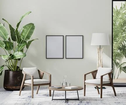 Poster frames in room interior with light neutral wall with sunlight and wood Illustrazione stock