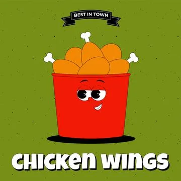 Poster with funky character red box with chicken thighs in retro groovy sty.. Stock Illustration