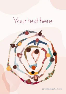 Poster with group of people in a circle from different cultures holding hands Stock Illustration