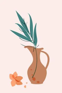 Poster, hand drawn minimal composition, contemporary boho style, vase, branch Stock Illustration