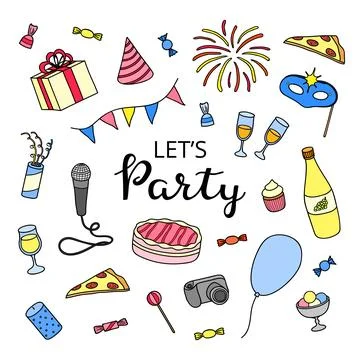 Poster with hand drawn party items. Stock Illustration