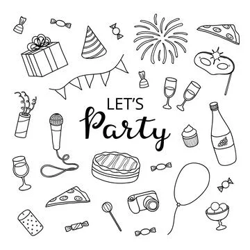 Poster with hand drawn party items. Stock Illustration