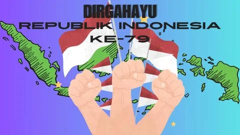 A poster with a hand drawn red and white flag and a map of Indonesia Illustrazione stock