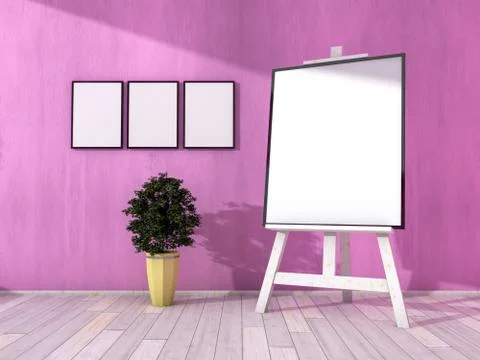 Poster hanging on the wall in the interior, mock up. 3D renderin Stock Illustration