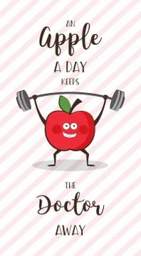 Poster of happy apple exercise ad heavy lifting. Healthy lifestyle motivation Stock Illustration
