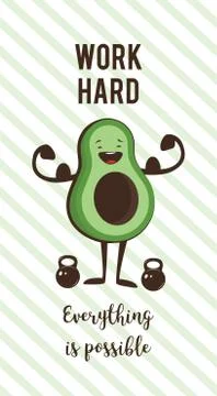 Poster of happy avocado exercise ad heavy lifting. Healthy lifestyle motivati Stock Illustration