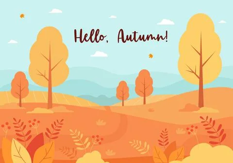Poster Hello Autumn. Fall nature, park, hills and fields, autumn landscape wi Ilustração Stock