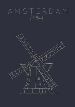 Poster Holland windmill dark Stock Illustration
