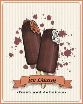 Poster with ice cream in engraved vintage style. Seasonal, summer tasty food Stock Illustration