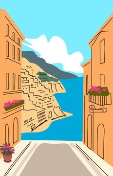 Poster illustration of a sea view from the streets of Italys Amalfi Coast. .. Stock Illustration