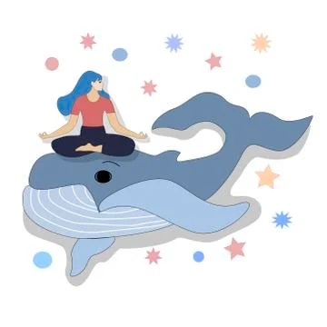 Poster with the image of a blue whale and girl in a yoga pose, for the design of Stock Illustration