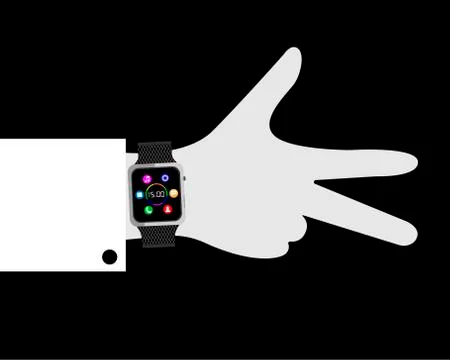 A poster with the image of a smart watch on his hand. Hand with spread finger Stock Illustration