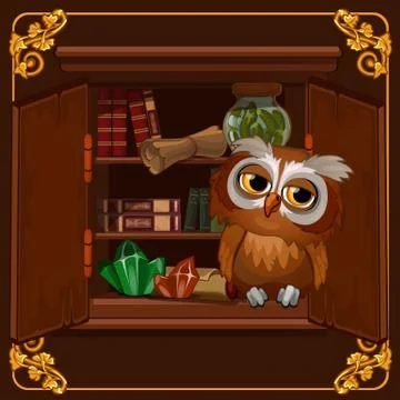 A poster with the image of a wise owl sitting on a bookshelf library with old Stock Illustration