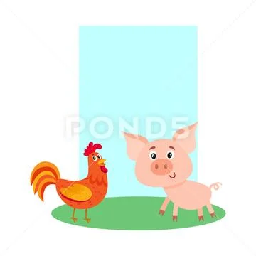 Poster, label, banner template with farm pig and red rooster Stock Illustration