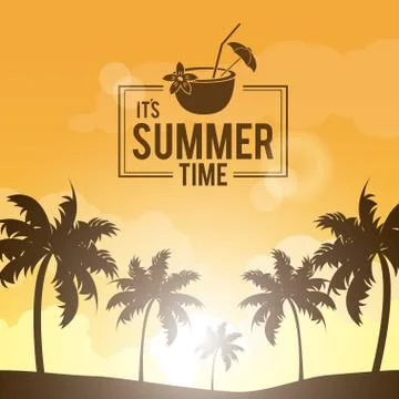 Poster landscape of palm trees on the beach with logo summer time and cocktail Illustrazione stock