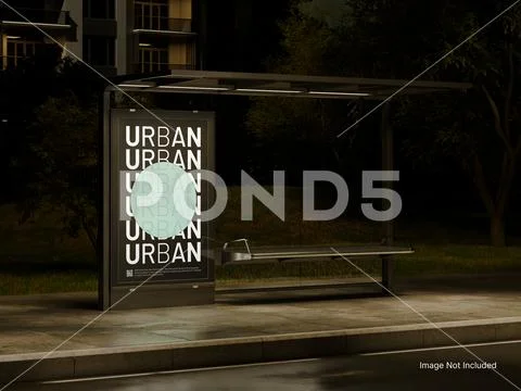 Poster LED Mockup in a Bus Stop at Night Plantilla PSD
