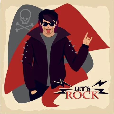Poster, man gesturing hand horns in rock clothes Cartoon vector illustration Stock Illustration