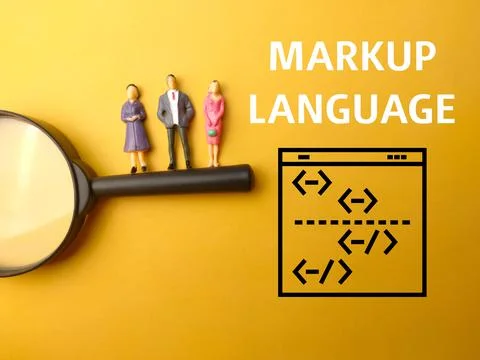 Poster of a markup language with a vector component and the people's tiny figure Stock Photos