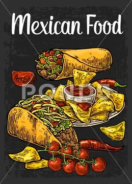 Poster Mexican traditional food. Burrito, tacos, chili, tomato, nachos Stock Illustration