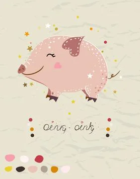 Poster with mini pig from collection with seamless patterns in autumn colors. Stock Illustration