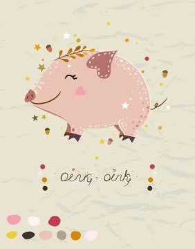 Poster with mini pig from collection with seamless patterns in autumn colors. Stock Illustration