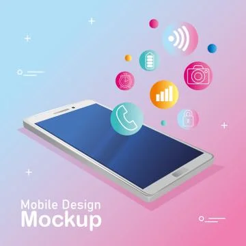 Poster mobile design mockup, realistic smartphone with icons 스톡 일러스트
