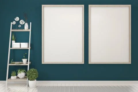 Poster mock up with empty wooden frame on dark blue wall and decoration plant Stock-Illustration