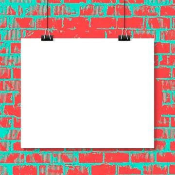 Poster mock up realistic.Poster hanging on a thread with black clip. Stock Illustration