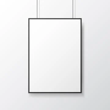 Poster mockup hanging on light wall. White template with frame. Isolated pict Illustrazione stock