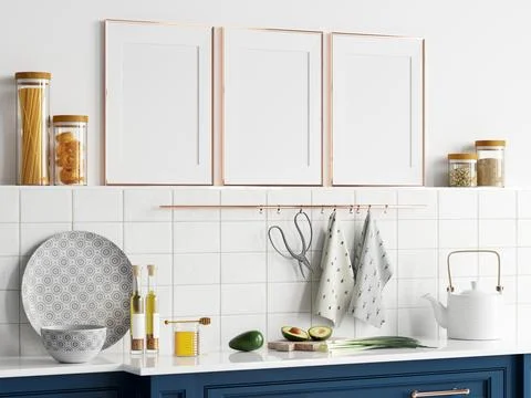 Poster mockup, kitchen frame mockup, modern kitchen interior, 3d render Illustrazione stock