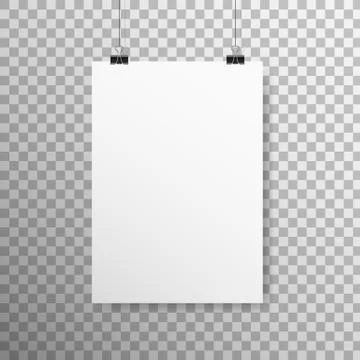 Poster mockup vertical. White empty paper with clips. Realistic sheet hanging on Stock Illustration
